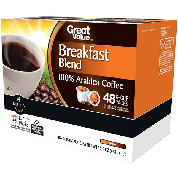 Great Value Breakfast Blend Medium Roast Coffee K-Cups, 0.33 oz, 48 count (2 Pack)