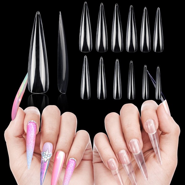 Deciniee 504Pcs XXXL Clear False Nails,Extra Long 3XL Water Drop Fake Nails,12 Sizes Full Cover Press on Nails ABS,Nail Extension Kit for Manicure Salon Home DIY Nail Art