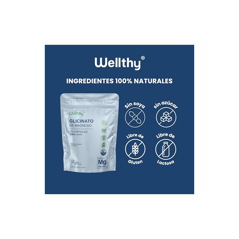 Wellthy Glicinato de Magnesio 120 Cápsulas. 432mg, 100% Natural, Alta