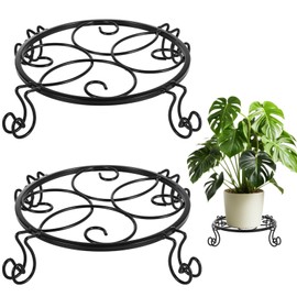 Homaisson 2 Pcs Plant Stands, Black Iron Flower Pot Stands, Rustproof Plant Racks, Floor Potted Display Stands with Decorative Curves and Wheels, Round Support Racks, No Assembly Required