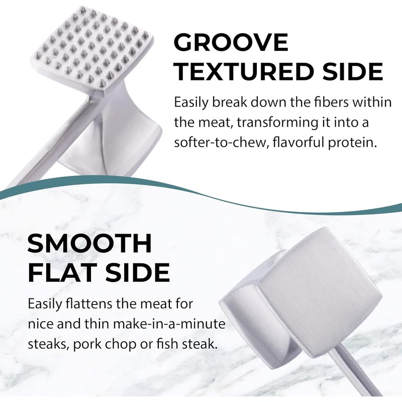 Meat Tenderizer Stainless Steel - Oversized Kitchen Mallet, Soft Grip