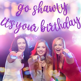 Purple Go Shawty It's Your Birthday Banner Pre-strung Glitter Happy Birthday Banner Sign for Women Men Birthday Party Decorations Backdrop