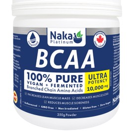 Naka Platinum BCAA, Ultra Potency 10,000mcg, 100% PURE, Vegan + Fermented, Branched Chain Amino Acids, Increase Lean Muscle Mass, Decrease Muscle Loss, Reduce Muscle Soreness (250g)