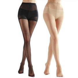 Weziarer 2 Pairs Women's Sheer Tights with Run-Resist,20D Ladies High Waist Support Control Top Pantyhose with Reinforced Toes.Size S-XL .Black & Nude-S