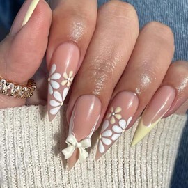 BABALAL Long Stiletto Press on Nails - Yellow French Tip Fake Nails, Summer Flower & Bow Charm Design, Full Cover Acrylic Nails Supplies Coquette Almond False Nails 24Pcs Artificial Nails for Women