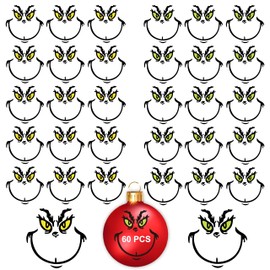60 Stück Weihnachtsdekorationen Aufkleber für Ornamente, wasserdichte Vinyl-Aufkleber für Zuhause, Weihnachtskugeln, Partyzubehör, Wasserflaschen, gelbe und grüne Augen Gesicht Aufkleber
