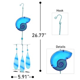 CoTa Global Blue Shell Hanging Sea Glass Wind Chime 26.77 Inch, Nautical Glass Windchime Outdoor Decor for a Harmonic Porch, Patio & Garden, Unique Beach Art Indoor Wind Chime Window Mobile
