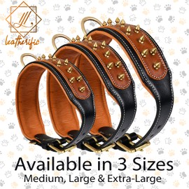Leatherific Spike Dog Collar | Spiky Series | Premium Genuine Bridle Leather, Heavy Duty, Padded, Strong | for Medium, Large, XL Breeds | Black Brown Color | 2" Wide (Neck Size 14"-18", Walnut)