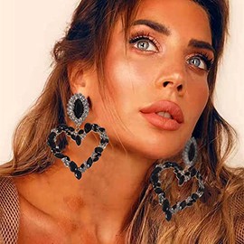Xerling Large Heart Rhinestone Crystal Dangle Earrings Statement Drop Earrings for Women Girls Brides Love Heart Stud Earrings (Black)