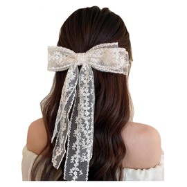 Lace Hair Bows for Women Lace Hair Bow Clips White Lace Bow Clips Lace Bows for Hair Bridal Bow Large Hair Bow with Long Tail Cute Hair Accessories for Women Girls Bachelorette Party Decorations