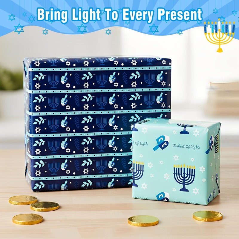 Hanukkah Wrapping Paper (4 Rolls, 93 sq. ft. ttl) Menorahs,
