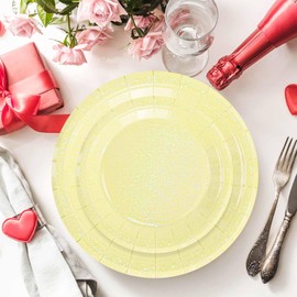 FALIZIFU 50 Pcs Iridescent Yellow Paper Plates 25 × 7'' and 25 × 9'' Disposable Yellow Shiny Holographic Foil Dinner Plates for Wedding Baby Shower Birthday Thanksgiving Party Glitter Dessert Plate