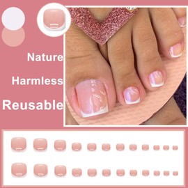 Pack of 24 False Toenails, Short Artificial Toenails, French Square Artificial Toenails, Pink White Acrylic, Natural Stick on Toenails for Women and Girls