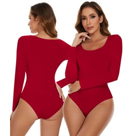 SHAPERIN Women's Bodysuit, Sleeveless/Long Sleeve Crew Neck Bodies, String Body, Women's Bodysuit, Sleeveless/Long Sleeve Bodysuits, Top, Ribbed Top, Round Neck, Red 1#