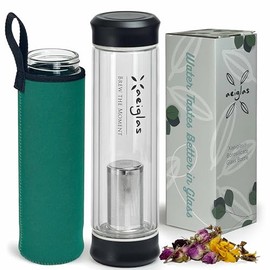 Xaeiglas Tea Tumbler with Infuser - Double Wall Glass Travel Mug with Stainless Steel Filter - Tea Infuser Bottle for Loose Leaf Infusions and Fruit Infused Water (Classic)