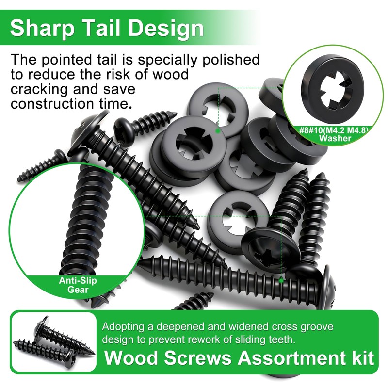 Twidec/1510PCS Black Wood Screws M2 M3 M4#8#10 Truss Head＆Pan Head