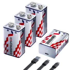 EGRPROMAX 9V Rechargeable Lithium Batteries 4-Pack, 3600mWh High Capacity, 2.5H Fast USB-C with 2-in-1 Charging Cable, 1200+ Cycles Long Life, for Smoke Detectors, Alarms, Multimeters, Microphones