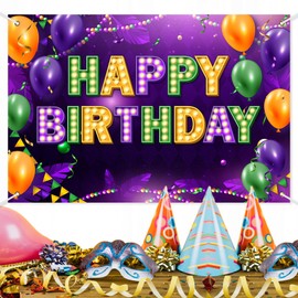 Mardi Gras Happy Birthday Backdrop Banner New Orleans Mardi Gras Carnival Theme Background Decor for Boys Girls Birthday Party Holiday Celebration Masquerade Party Decorations Supplies 72x43in-BECKTEN