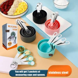 2 Boxes 8 Pieces Measuring Cups and Spoons Set,Nesting Measure Cups with Stainless Steel Handle, For Measuring Dry and Liquid Ingredients Small Teaspoon with Plastic Head
