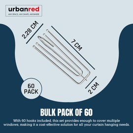 UrbanRed 60 PCS Strong Stainless Steel Pinch Pleat Curtain Hooks, Makes Pinch Pleated Curtains and Drapes for Three Standard Windows, 4 Prongs Pleated Tape Curtain Drapery, Curtain Pin Hooks