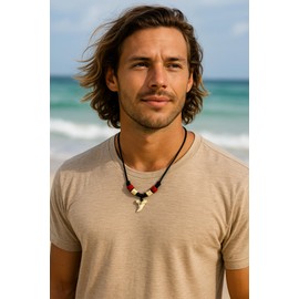 Shark Tooth Necklace, Beach Style, Adjustable, Men's (Brown)