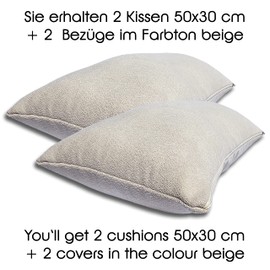 Formalind Set of 2 Sofa Cushions 50 x 30 cm, Decorative Cushions 2 Pieces, Decorative Cushions, Couch Cushions, 2 Covers + 2 Filling Cushions (Beige)