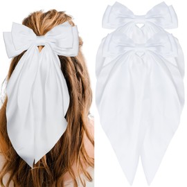 White Hair Bow, 2PCS White Bow for Hair Big Hair Bows Clips for Girls, Satin Hair Bows with Long Tail Alligator Hair Clips, Hair Bows for Women Large Hair Bow Hair Clips Accessories