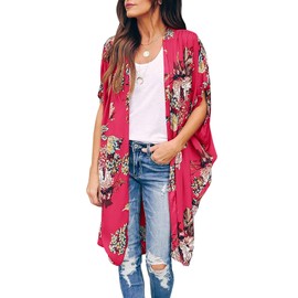 Ivay Womens Floral Kimono Duster Cardigans Short Sleeve Draped Oversized Beach Cover Up Cape (Rose Red, Small)