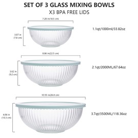 Luvan Glass Mixing Bowls with Lids Set(3.7QT, 2.1QT, 1.1QT),3PC Glass Nesting Bowl, Large Salad Bowls Sets with lids,Clear Cooking Bowl for Kitchen Prep,Food Storage,Baking,Microwave and Oven Safe