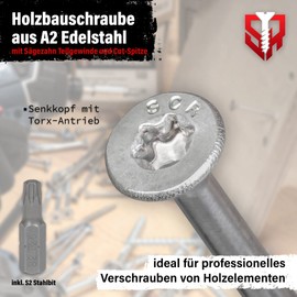 SCREW REBEL Wood Screw Stainless Steel A2 4.5 x 60-200 Pieces with Partial Thread and Sawtooth Thread Cut Tip Torx Drive TX20 Includes S2 Bit