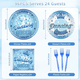 96 Pcs Dance Queen Party Decorations, Blue Mirrorball Crown 17th Birthday Party Plates Napkins and Forks for 24 Guests, Fun Disco Tableware Set for Girls or Teens