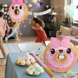 Pink and Khaki Donut Small Pinata with Pinata Stick Blindfold and Confetti Bowknot Pinata for Birthday Anniversary Donut Theme Celebration Donut Party Decorations Fiesta Supplies, 15 x 13 Inches