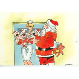 CHRISTMAS GREETING SANTA/NURSE WITH TRIPLETS ON POSTCARD PANDRA  (X-129)