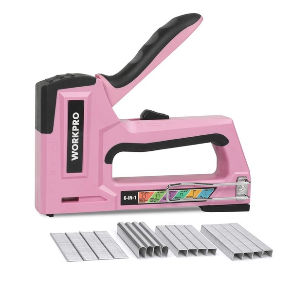 WORKPRO Pink Staple Gun, 6-in-1 Manual Brad Nailer with 4000-Pieces Staples for Fixing Material, Carpentry, Upholstery, Furniture and DIY - Pink Ribbon