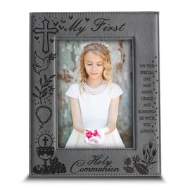 BELLA BUSTA- My First Holy Communion Picture frame-Cross and Chalice, Religion, Christian Traditions Occasion-Engraved Photo Frame (5x7 Vertical (Gray))