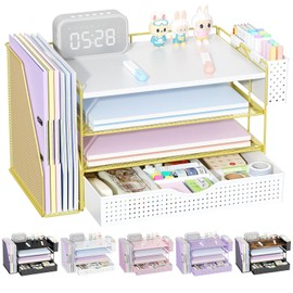 gianotter Organizadores de escritorio de madera y accesorios con soporte para archivos, accesorios de escritorio de 4 niveles y organizadores de...   