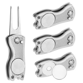 PATIKIL Golf Divot Repair Tool, 4 Pack Foldable Metal Golf Green Divot Tool with Magnetic Ball Marker & Stainless Steel Fork for Golfer, Silver