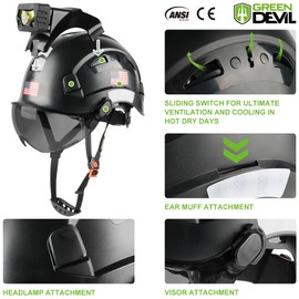 GREEN DEVIL Safety Hard Hat with Rechargeable Headlamp Light Men Vented Work Hardhat ANSI Z89.1 Approved Cascos de Construccion Ideal for Industrial Construction Helmet Liner Included