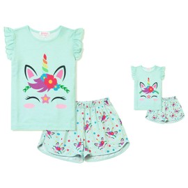 QPANCY Matching Girls & Dolls Pajamas Star Unicorn Pj Sets Short Sleeve Sleepwear 4t 5t