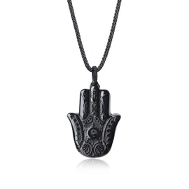 COAI Adjustable Nylon Cord Hamsa Hand Black Obsidian Stone Necklace