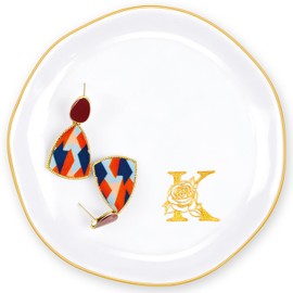 PUDDING CABIN Ceramic Initials Ring Dish Jewelry Tray Gifts for Mom Sister Friends, 4.3inch (K)