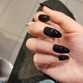 Black Press on Nails Almond Fake Nails Medium Almond False Nails Press ons with Designs Acrylic Nails Full Cover Glossy Glue on Nails Artificial Stick on Nails for Women Nails Decorations 24 Pcs