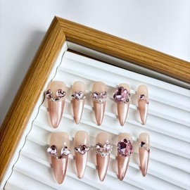 Yabonica Handmade Cat Eye Press On Nails Long Stiletto 10Pcs Reusable Pre Designed Press On Nails- Luxury Glue On Nail with Cute Salon Design,Acrylic Stick On Nails for Women Girls Gift (058, S)