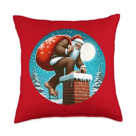 Bigfoot Santa Climbing into Chimney Throw Pillow