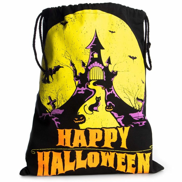 Halloween Trick or Treat Candy Bag | Washable Canvas Tote Bag | Drawstring Bag for Halloween Candy | Haunted House