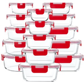 M MCIRCO 30 Pieces Glass Food Storage Containers with Upgraded Snap Locking Lids,Glass Meal Prep Containers Set - Airtight Lunch Containers, Microwave, Oven, Freezer and Dishwasher Friendly, Red