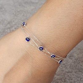 MYSTIC JEWELS by Dalia 19 cm Silver Bracelet with Evil Eyes, Triple Chain with Small Eyes, for Happiness, Crystal, Crystal