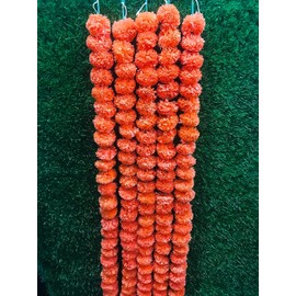 Artificial Flower Marigold Flower Garland 5 String Party Genda phool mala 5 Feet Long Each String for Home Decoration Diwali Dark Orange