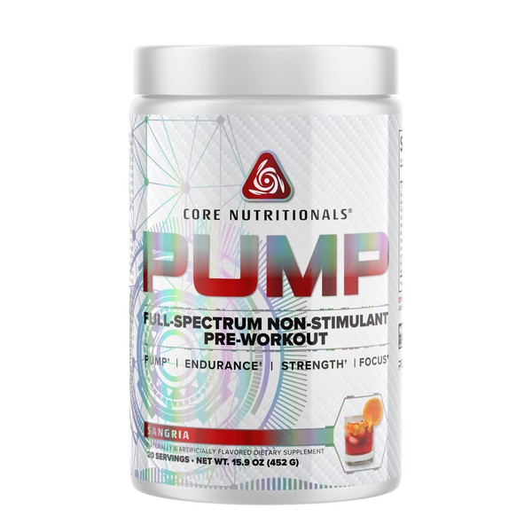 Core Nutritionals Pump Full-Spectrum Non-Stimulant Pre-Workout, with N03T® Nitrate, Peak02®, Alpha GPC, for Maximum Pump, Strength, and Performance 20 Servings (Sangria)