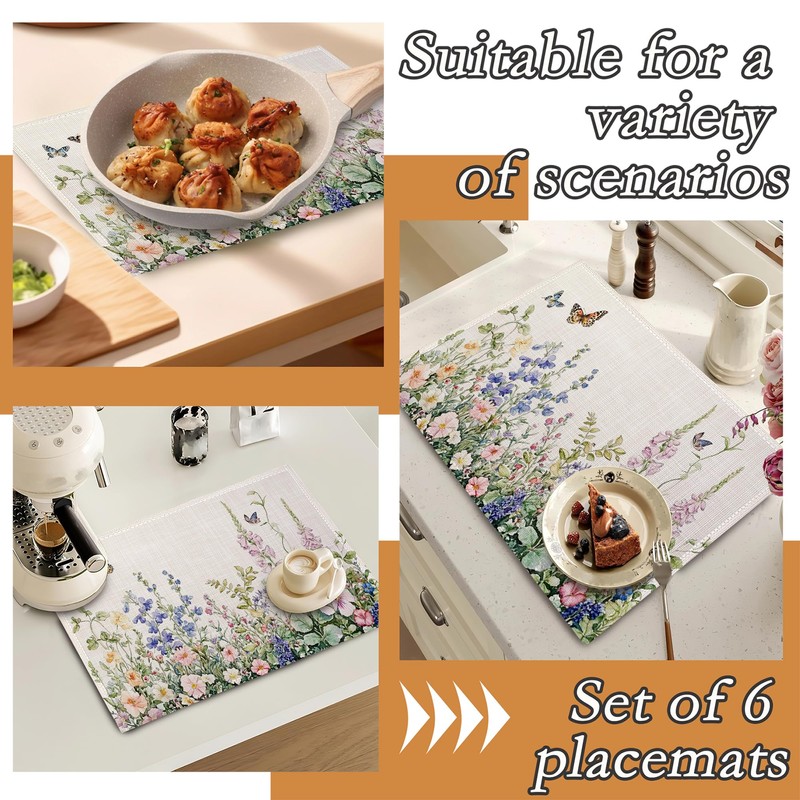 Wildflowers Placemats Set of 6,Flower Herbs Butterfly Spring Washable Linen
